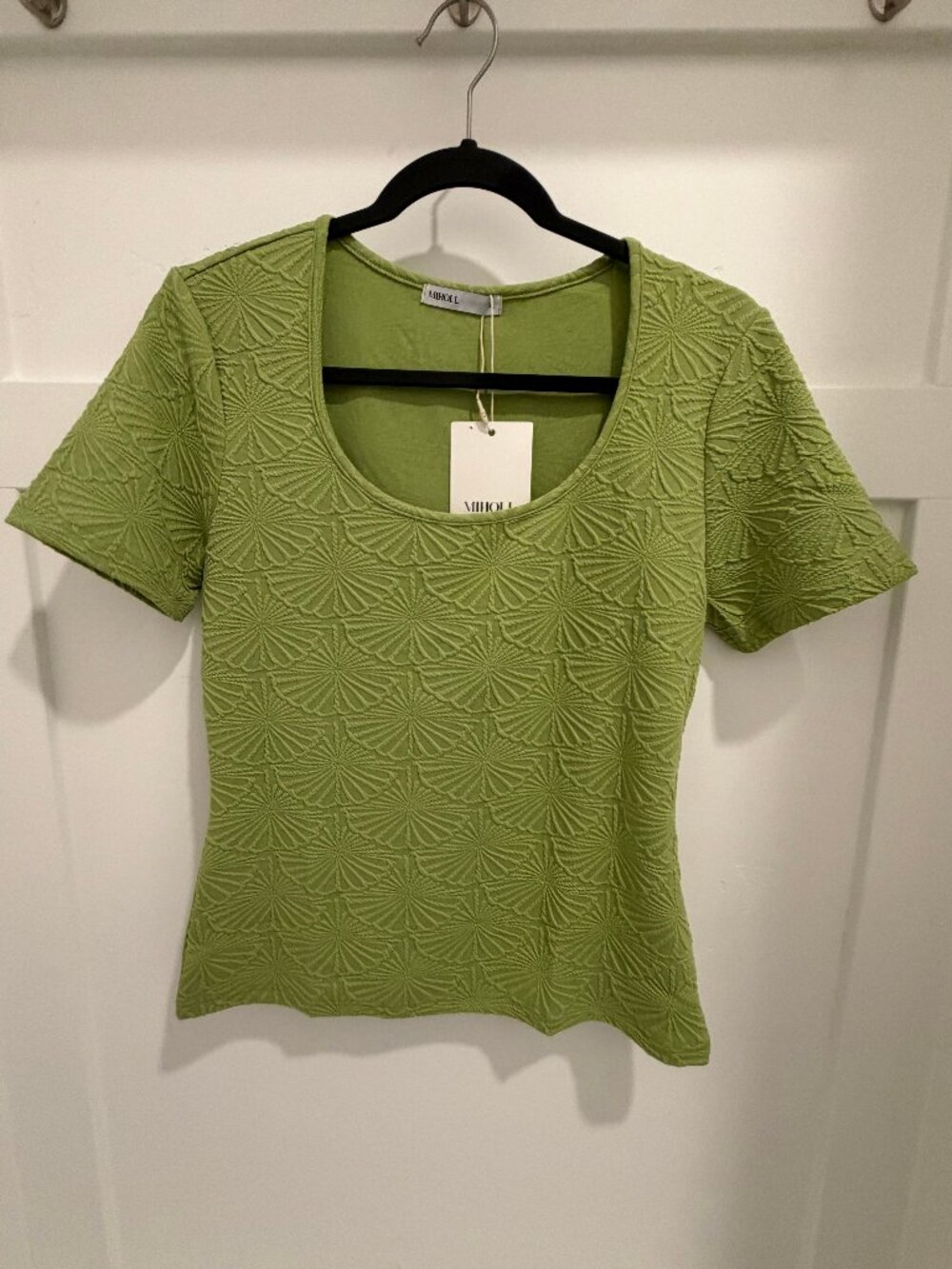 Green Textured Top XL Short Sleeve Stretch Floral Pattern Blouse